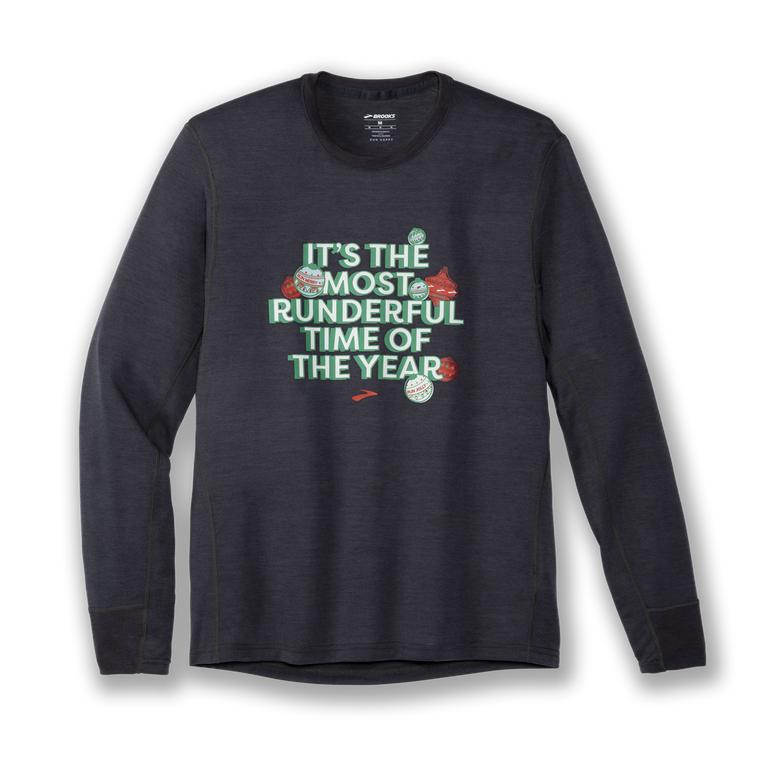 Brooks Run Merry Run Dist. Graphic Ls - Mens Long Sleeve Running Shirt - Heather Asphalt/Runderful/G